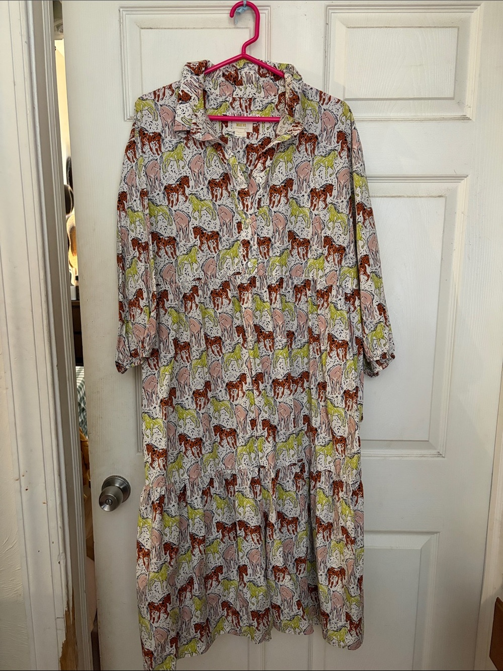 Maeve Horse-Print tiered Shirt Dress in White and Brown